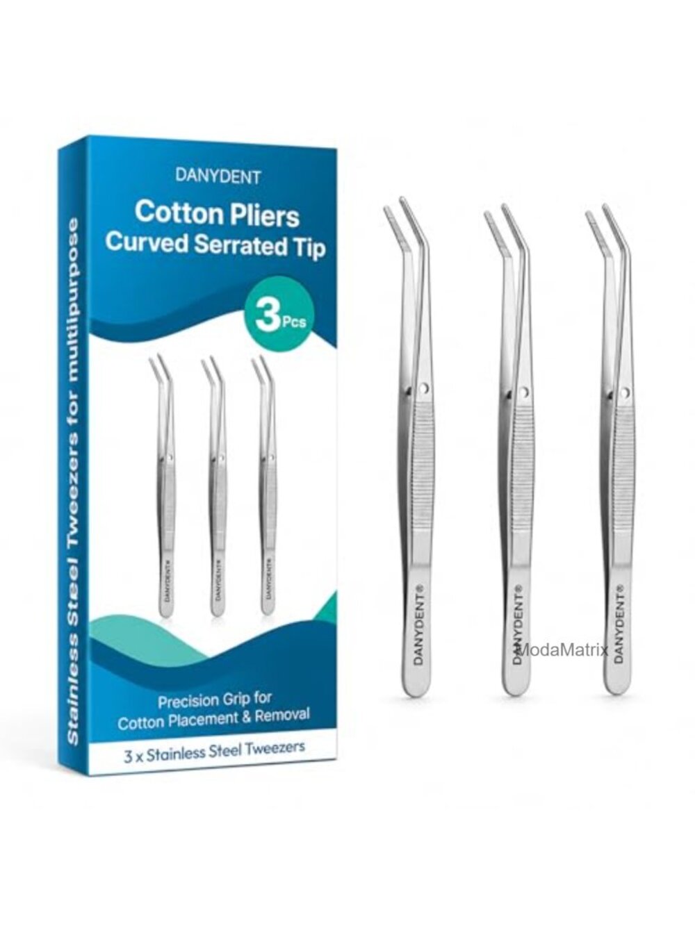 Dental Tweezers Set 3 Piece 6 inch Stainless Steel Curved Serrated Tip Forceps